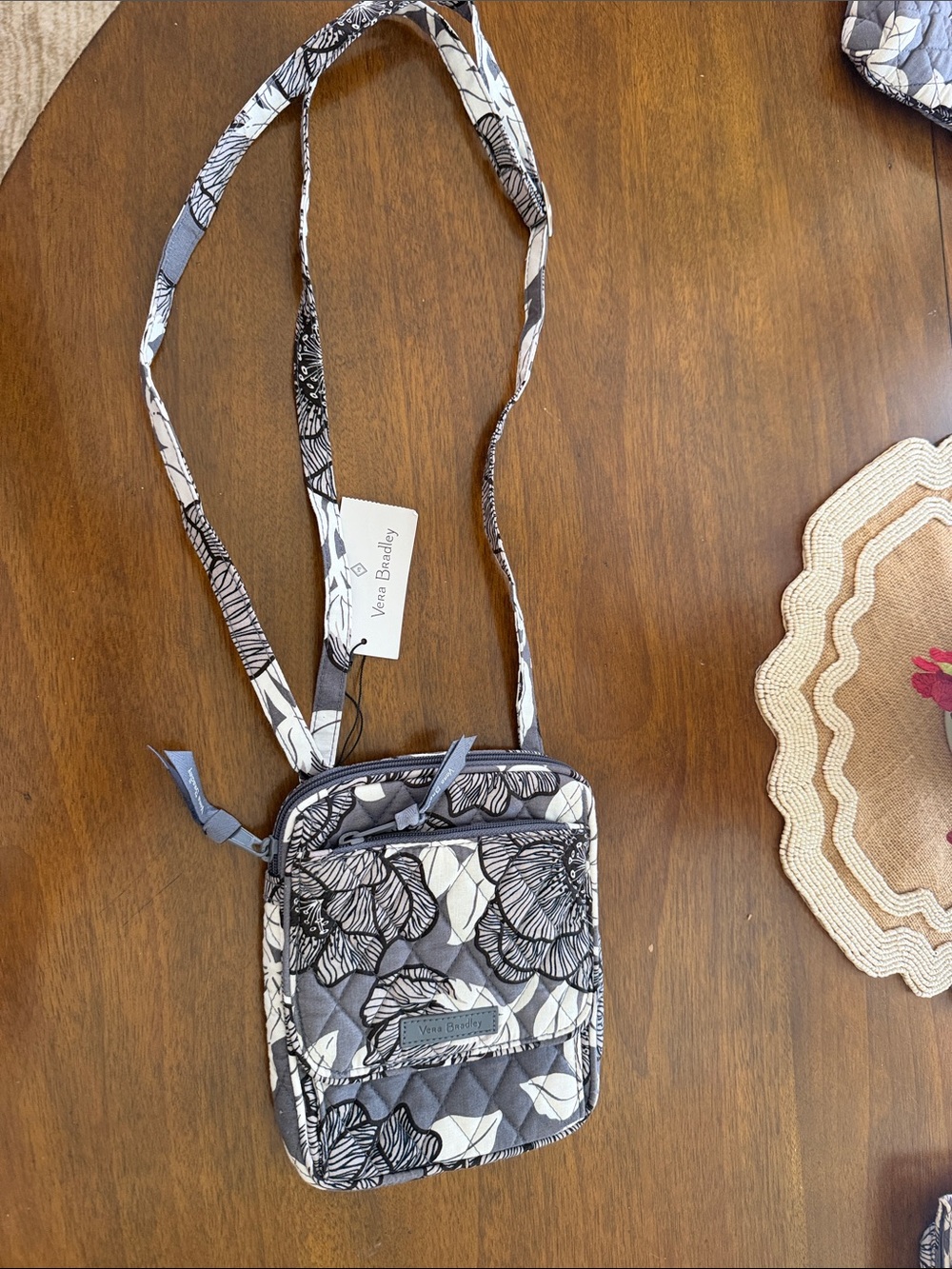 Vera Bradley Gray & White Floral Quilted Crossbody Shoulder Bag